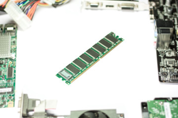 Random Access Memory with computer parts on white background. Selective focus
