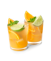 Fresh summer cocktail in glasses on white background
