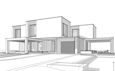 3d rendering sketch of modern cozy house by the river with garage for sale or rent. Black line sketch with soft light shadows on white background