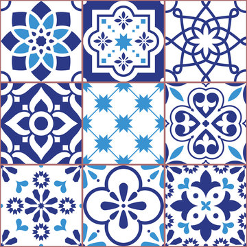 Lisbon tiles design, Azulejo vector seamless pattern, abstract and floral decoration inspired by tranditional tile art from Portugal and Spain
