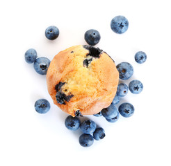 Tasty blueberry muffin on white background