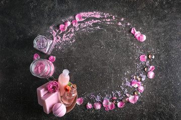 Composition with bath products on dark table