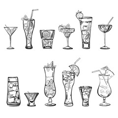 Outline hand drawn sketch illustration with different cocktails