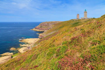 Fototapeta na wymiar Beautiful landscape view of the cliffs at Cap Fréhel in Brittany, France, with its lighthouses and moorland with vibrant heather flowers (Calluna vulgaris) and common gorse (Ulex europaeus)
