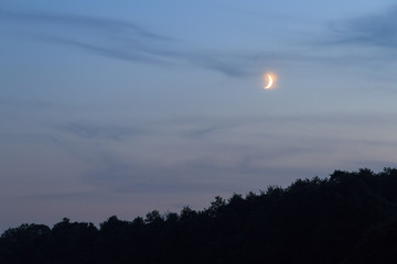 Beautiful dark blue nightscape landscape after sunset with a new moon rising over the trees near Saint-Malo in Brittany, France
