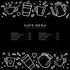 Chalkboard cafe menu with coffee cups and coffee pods in doodle style. Handdrawn vector illustration.