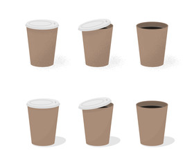 Set of paper cups with noisy texture and flat. Coffee cup isolated on white. Coffe cup with lid and with no lid. Vector illustration eps 10.