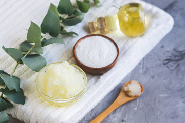 Natural Ingredients Homemade Body Sea Salt Scrub with Olive Oil White Towel Beauty Concept Skincare Organic Aroma Spa Therapy