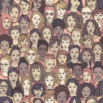 Women - hand drawn seamless pattern of a crowd of different women from diverse ethnic backgrounds