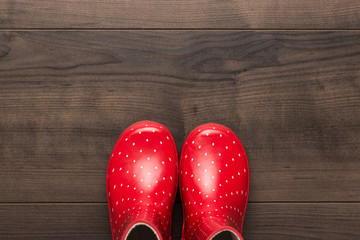 new red children's stylish gumboots on wooden floor