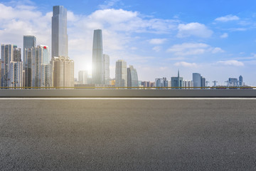 Road pavement and Guangzhou city buildings skyline