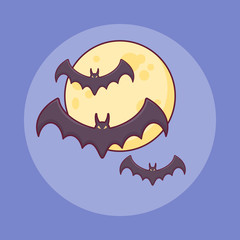 Naklejka premium Bats flying over moon flat line icon. Halloween element.