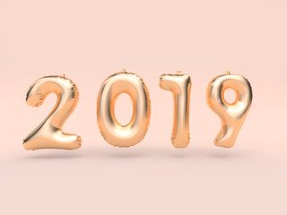 2019 balloon text/number gold floating 3d rendering pink background