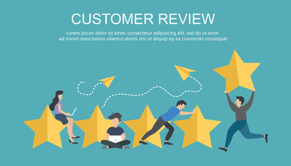 Concept of feedback, testimonials messages and notifications. Rating on customer service illustration. Five big stars with people sitting on them and giving reviews on their lap tops. Flat vector