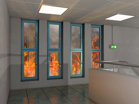 Flur innen mit Brandschutzfenstern durch die man Feuer sehen kann