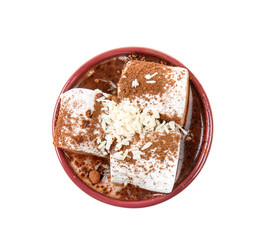 Cup of hot chocolate with marshmallows on white background