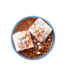 Cup of hot chocolate with marshmallows on white background