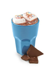 Cup of hot chocolate with marshmallows on white background