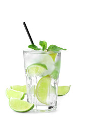 Glass of fresh mojito on white background
