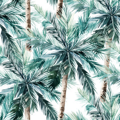 Watercolor seamless pattern. Summer tropical palm trees background. Jungle watercolour print