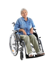 Fototapeta na wymiar Senior woman in wheelchair on white background