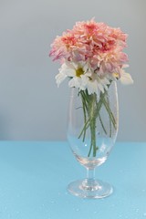 pink chrysanthemum flower in glass,bouquet of flower bloom beautiful on blue background, The concept of summer or spring