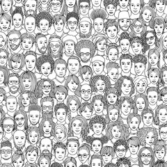Diverse crowd of people - seamless pattern of 100 hand drawn faces of various ethnicities
