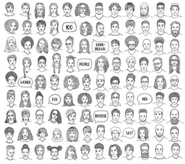 Set of 100 hand drawn faces, diverse portraits of people of different ethnicities in black and white - 223532106