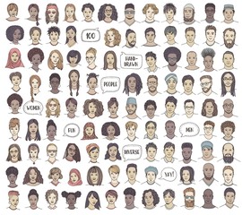 Fototapeta Set of 100 hand drawn faces, colorful and diverse portraits of people of different ethnicities obraz