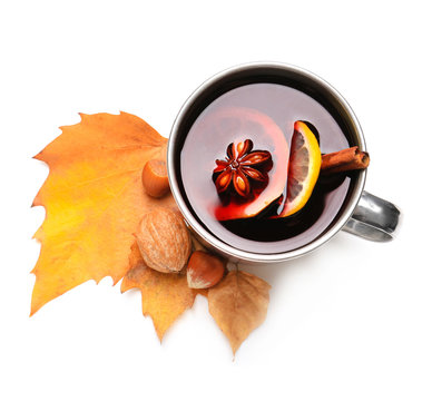 Metal Cup Of Delicious Mulled Wine On White Background