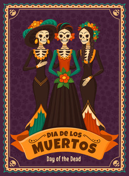 Dia de los Muertos card. Vector illustration of Mexican cartoon Catrinas in different costumes and dresses. Isolated on dark violet background.