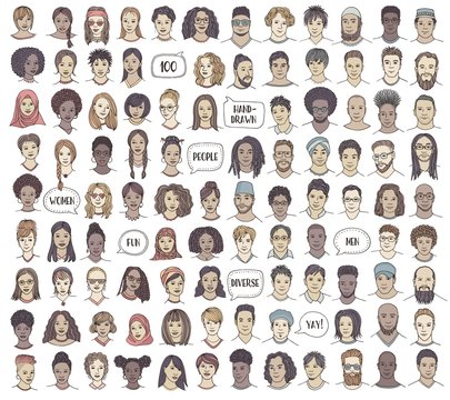 Set of 100 hand drawn faces, colorful and diverse portraits of people of different ethnicities