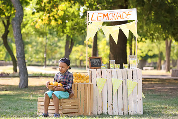Little African-American boy holding bowl with ripe lemons near stand in park - Powered by Adobe