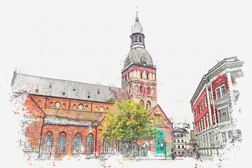 Watercolor sketch or illustration of the Dome Cathedral in Riga in Latvia. An old religious building built in the 13th century. One of the sights of the city.