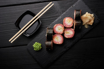 Sushi set with wasabi and ginger and soy sauce