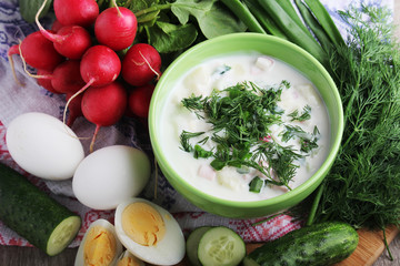 A bowl with traditinal Russian cuisine soup okroshka