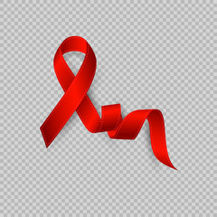 Realistic red ribbon. Symbol of world aid day. Isolated on transparent background. Vector illustration