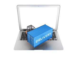 Delivery concept Cargo container with a forklift placed on a laptop isolated on white background 3d without shadow