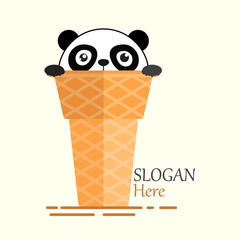 Panda's Cone Ice Cream Logo Illustration with Stunned Face, funny and chubby for ice cream emblem