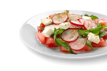 Plate with delicious watermelon salad on white background, closeup