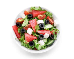 Bowl with delicious watermelon salad on white background