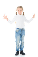 happy kid with braids gesturing and posing isolated on white