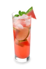 Glass of tasty cold watermelon lemonade on white background