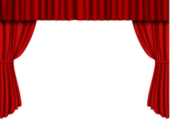 Red open curtain in theater. Velvet fabric cinema curtain vector isolated on white. Opened curtains  - 223534508