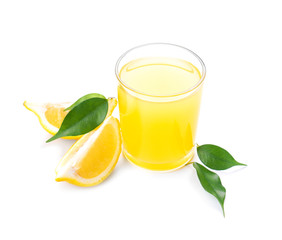 Glass of fresh lemon juice on white background