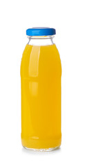 Bottle of fresh lemon juice on white background