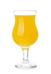 Glass of fresh lemon juice on white background