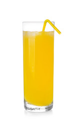 Glass of fresh lemon juice on white background