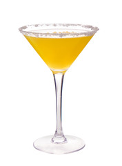 Glass of fresh lemon juice on white background