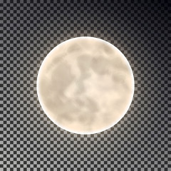 Full white moon isolated. Dark night sky background. Closeup moon light transparent effect. Glow moo